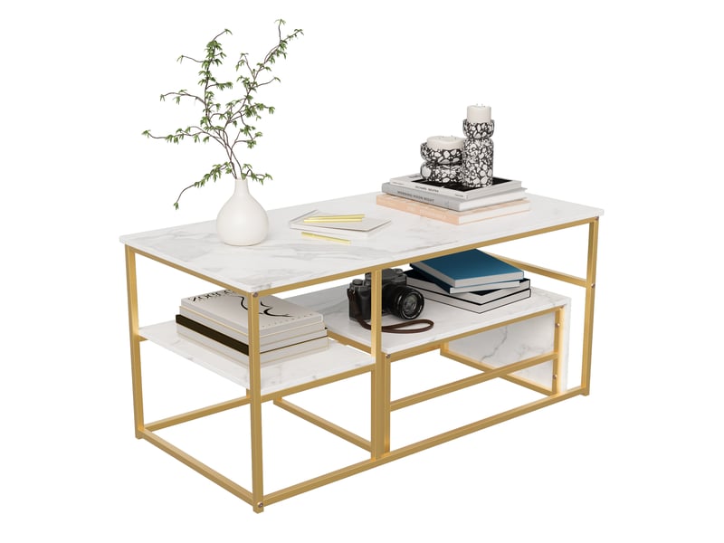  Tables basses – set de 2 tables basses gigognes – plateau marbre blanc – stable et durable –  cadre métal doré –  105+52 cm  - Conforama A