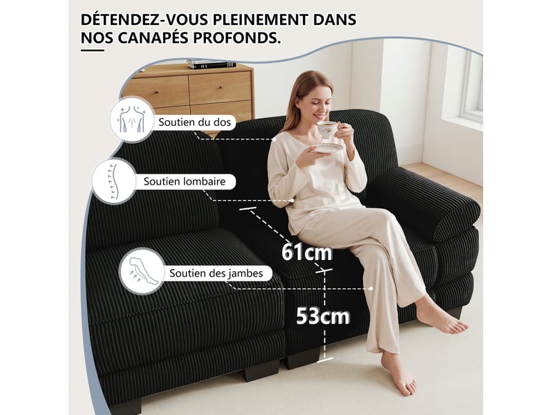  Canapé d'angle modulable 3 places 265x161x94 cm avec pouf en velours côtelé noir  - Conforama E