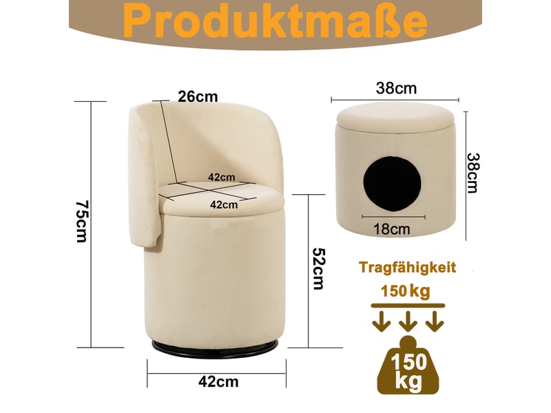  Fauteuil pouf pivotant 360° avec coffre de rangement et couchage  en velours côtelé beige, 53×50×47 cm  - Conforama D