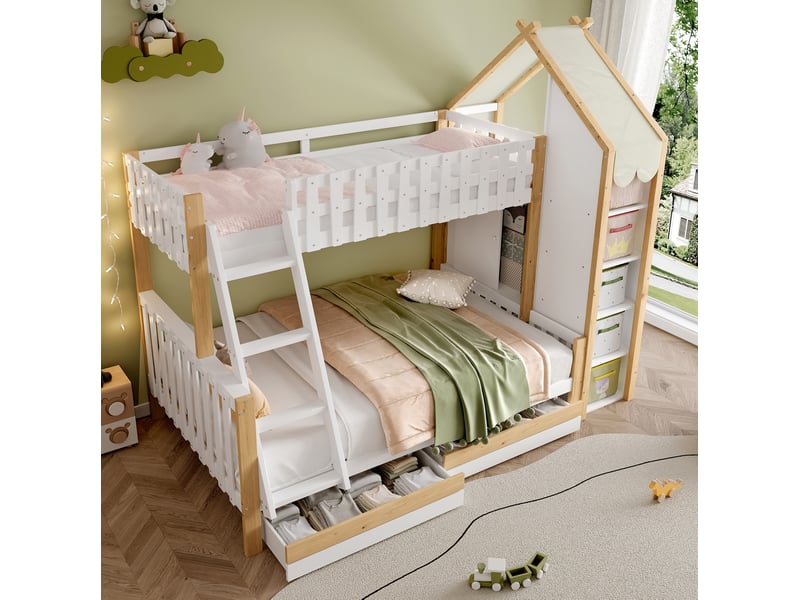  Lit superposé enfant 90x200 cm et 140x200 cm avec rangements blanc et naturel  - Conforama D