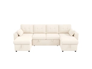 Canapé d'angle convertible 4 places en u 273x131 cm avec double méridienne, rangement caché, led, usb-c, tissu chenille - beige