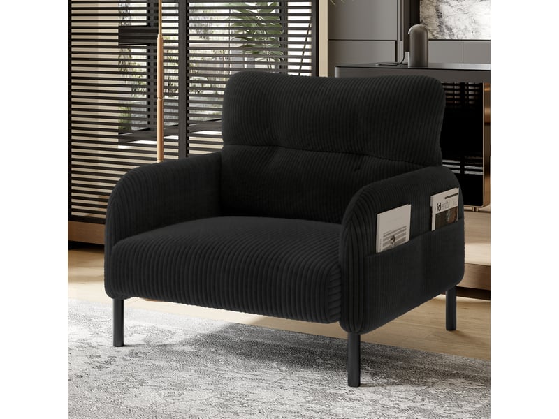  Fauteuil de salon à assise profonde avec dossier ergonomique et poches latérales en velours côtelé noir  - Conforama B