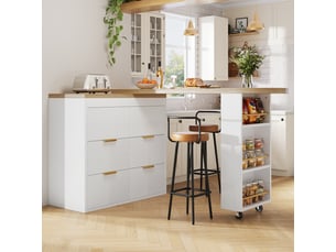 Table de bar pivotante 128-203x39x90 cm en mdf et métal avec 6 tiroirs blanc chicfurn