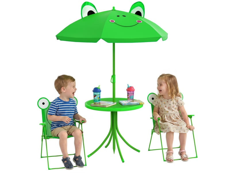 Ensemble de jardin 4 pièces pour enfants comprenant 2 chaises pliantes, un parasol et une table ronde, en acier et tissu oxford, vert. - Conforama A