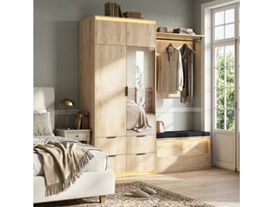 Vestiaire d'entrée modenvie avec armoire, miroir, banc rembourré et led 180 x 47 x 200 cm finition chêne clair anthracite