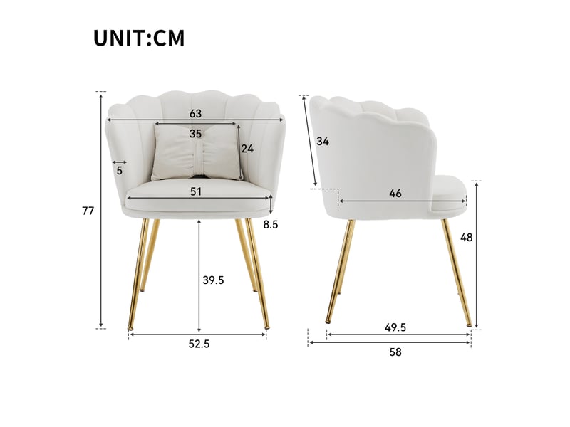 Fauteuil rembourré à dossier pétale avec coussin de soutien et pieds métalliques dorés en velours beige - Conforama D