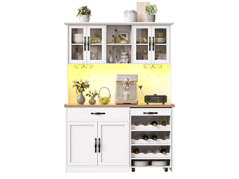  Buffet de cuisine 6 portes, 1 tiroir, led avec porte-verres et chariot a vin amovible - blanc, 140×38×180 cm  - Conforama A