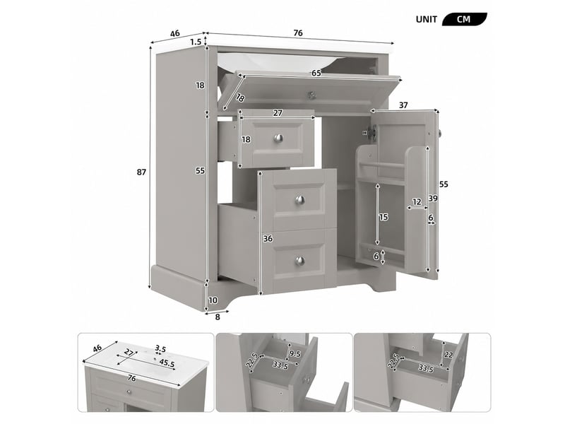  Meuble salle de bain avec lavabo 76x46x87cm, meuble sous vasque sur pied en mdf gris, tiroirs et étagère  - Conforama E