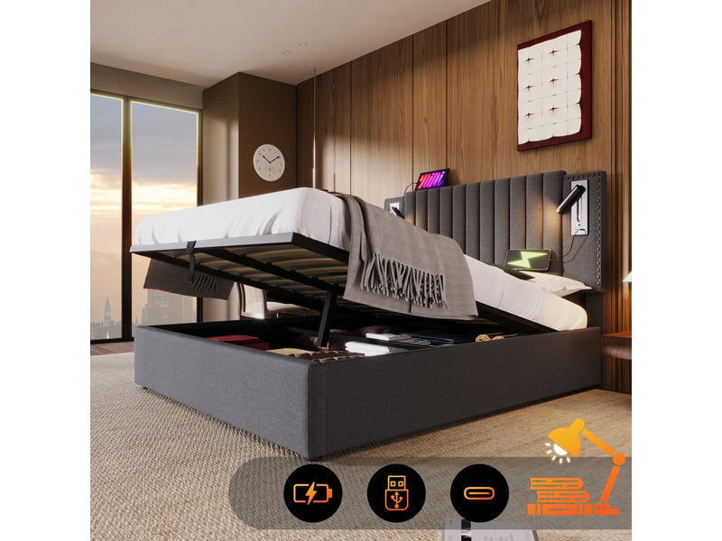  Rayofi lit rembourré 160x200 avec matelas, coffre de rangement, tête de lit cloutée réglable, lampe de lecture orientable et 2 ports usb type-c, sommier à lattes, tissu coton-lin gris.  - Conforama B