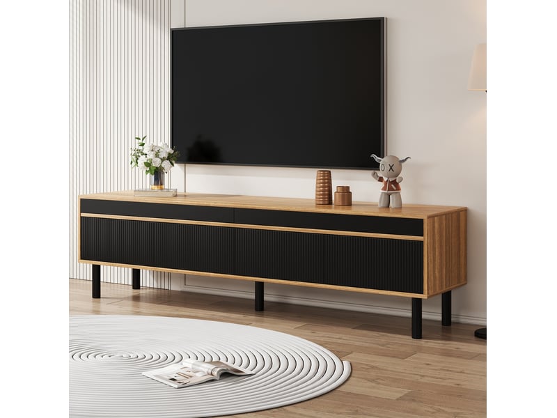  Meuble télévision bas 170x38x47 cm, 4 portes, grand rangement, pieds bois, panneau particules, noir et naturel  - Conforama B