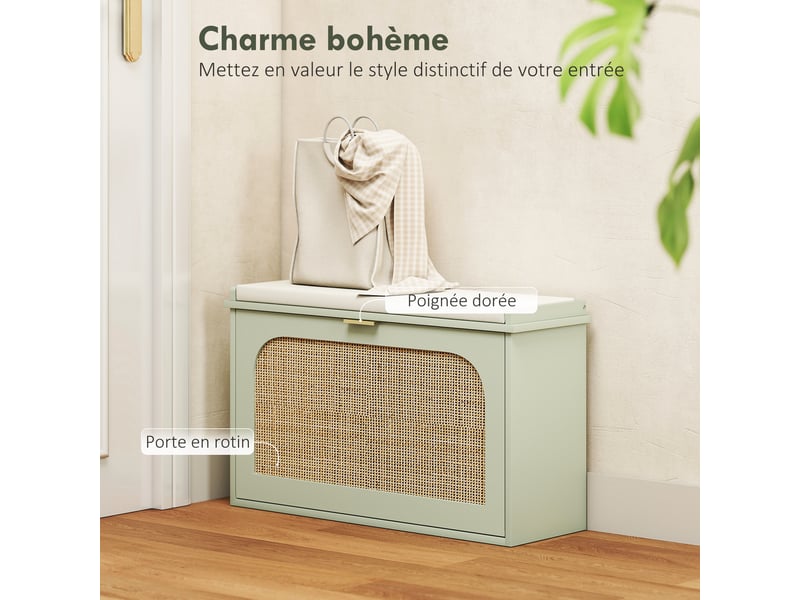 Banc à chaussures, banc de rangement, assise rembourrée, tiroir rabattable, porte en rotin, vert, 80 x 26 x 47,5 cm - Conforama A