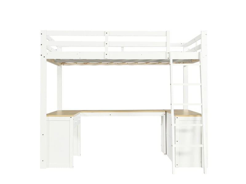 Lit mezzanine enfant 140 x 200 cm lit double bureau en u deux tiroirs étagère de rangement pin mdf et panneau de particules contreplaqué blanc et naturel - Conforama A