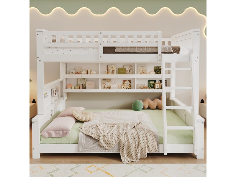  Lit superposé enfant 120x200cm+140x200 cm - avec échelle - étagère de rangement à deux niveaux et panneau perforé - bois massif + mdf - blanc (sans matelas)  - Conforama B