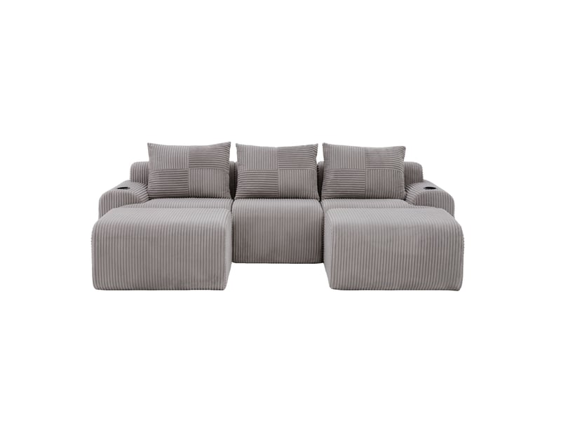  Canapé modulable 3 places 268x174x80 cm, velours côtelé gris clair, assise généreuse, poche latérale, porte-gobelets, confortable  - Conforama A