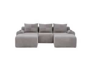 Canapé modulable 3 places 268x174x80 cm, velours côtelé gris clair, assise généreuse, poche latérale, porte-gobelets, confortable