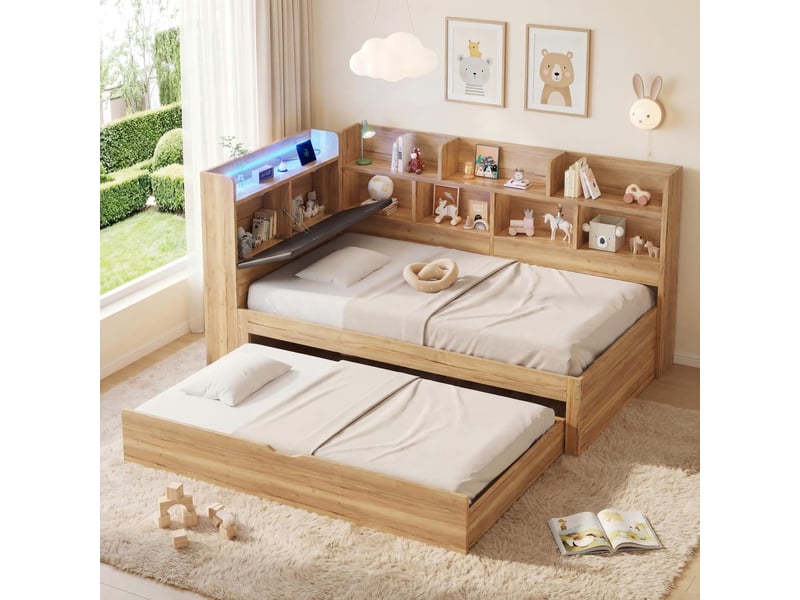  Lit enfant gigogne en bois 90x200 cm avec couchage 90x190,éclairage led et port usb-c rangements et sommier à sattes mdf naturel BUYDEEMEUS - Conforama B