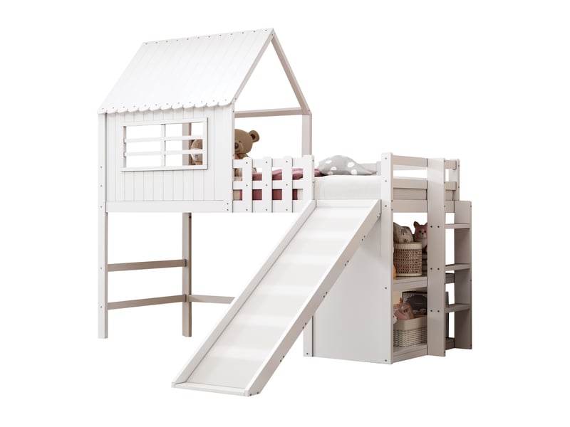 Lit enfant mezzanine, 90x200 cm, toboggan prolongé, échelle, espace rangement, matelas non inclus, bois, coloris blanc - Conforama A