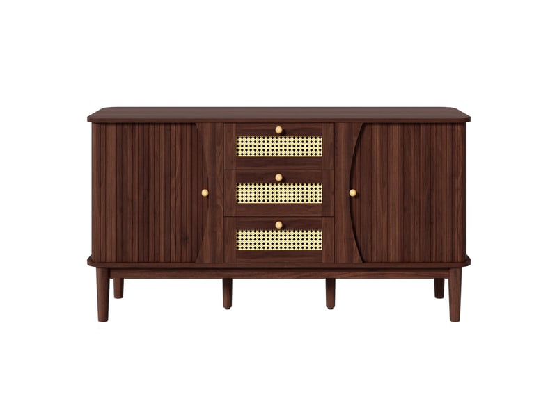  Buffet commode à portes coulissantes façades en rotin étagères réglables plateau arrondi  - Conforama A