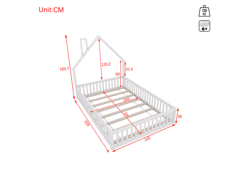  Lit enfant 140 × 200 cm 2 places avec barrières de sécurité et forme cheminée, sans matelas, en pin, blanc  - Conforama D