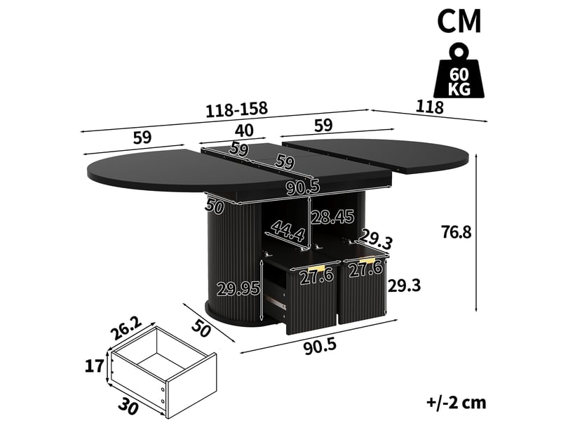  Table à manger ovale extensible 118-158x118x76.8cm pour 4 à 6 personnes, rangements rabattables, 2 tiroirs, reliefs verticaux et poignées métal, noir evarich - Conforama C