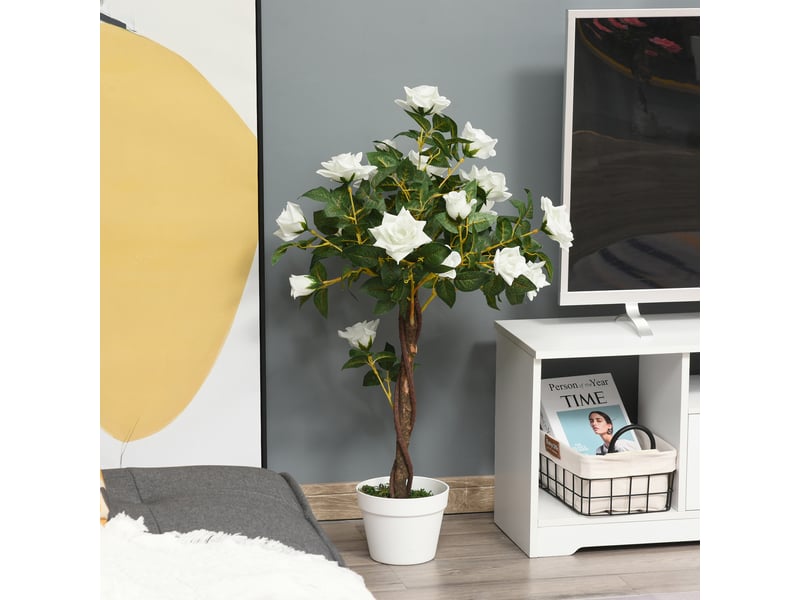  Rosier artificiel à 21 fleurs avec pot rempli de ciment et de mousse, plante artificielle anti-uv en plastique et tissu, ø18 x 90 cm, blanc et vert  - Conforama C