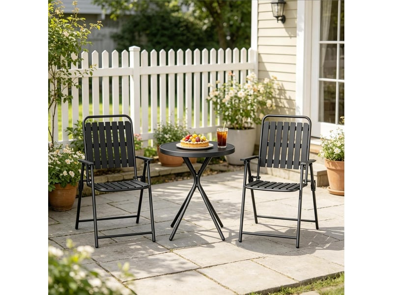  Salon de jardin 3 pièces pliant avec table ronde en verre et 2 chaises noires  - Conforama B