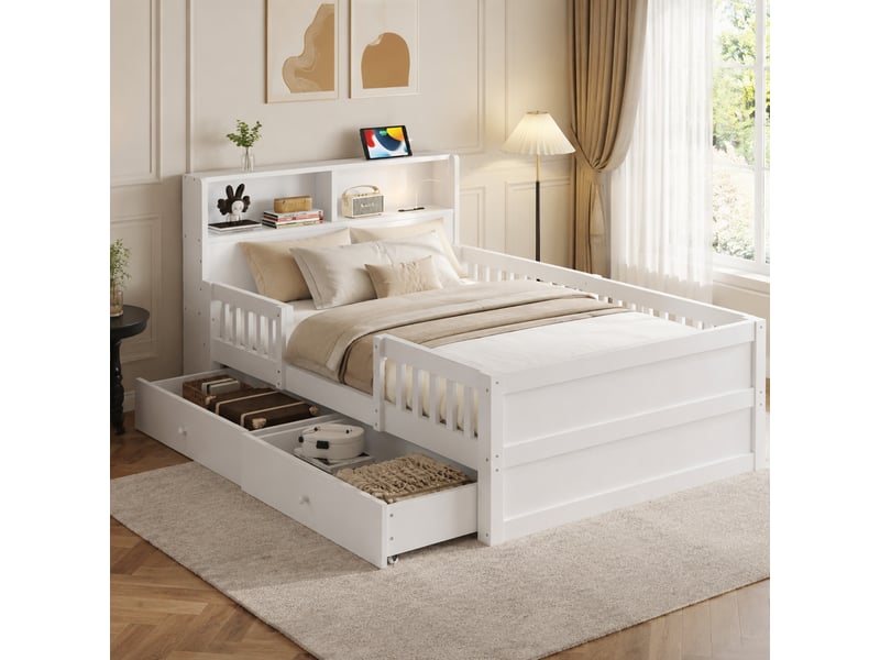  Lit enfant 90 × 190 cm 1 place avec 2 tiroirs, usb, port type c et lampe de lecture, sans matelas, blanc  - Conforama B