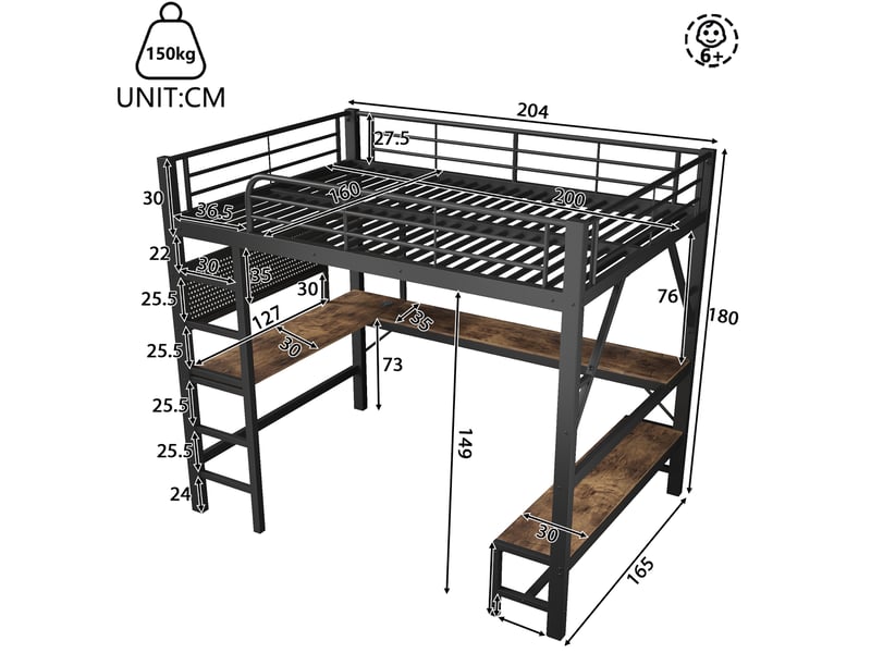  Lit mezzanine 160x200 cm avec bureau, led et prises usbtype-c noir  - Conforama C