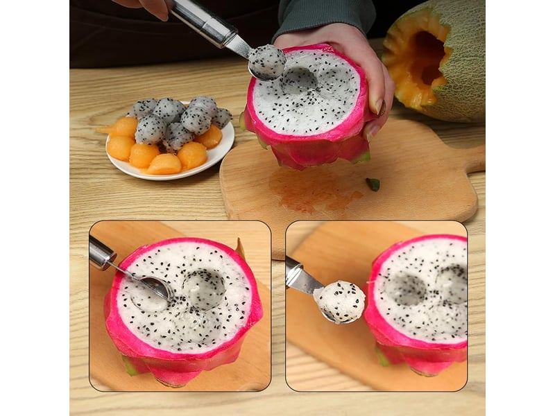  Lot de 2 boules de melon à double tête en acier inoxydable, cuillère à boule de melon, boule de fruits et coupe-fruits, outil de crème glacée  - Conforama C