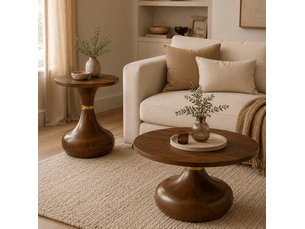 Table basse et table d'appoint rondes lot de 2 effet noyer avec socle stable en mdf et métal pour salon et chambre