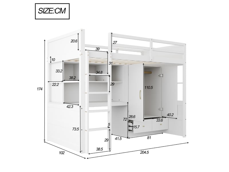  Lit mezzanine,90x200 cm,avec bureau, armoire et tiroirs,mdf,blanc  - Conforama C