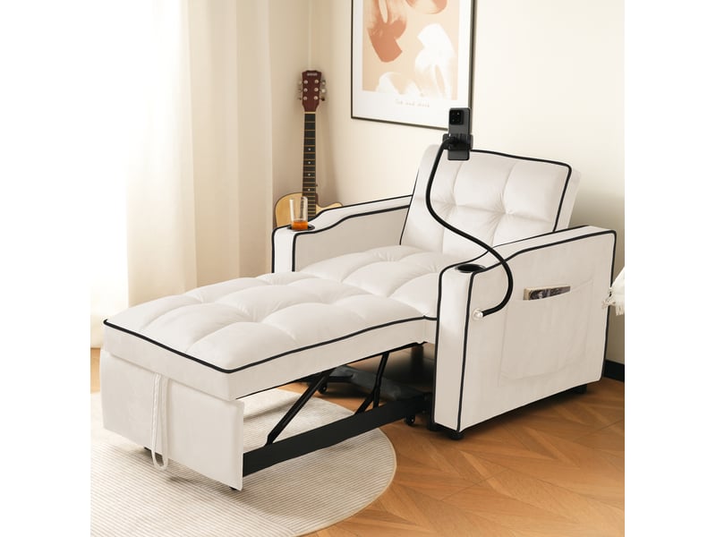  Fauteuil convertible 3 en 1 beige en velours avec porte-boissons et support téléphone  - Conforama D