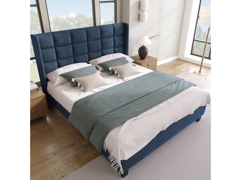 Lit 2 places rembourré 140x200 cm avec tête de lit, sommier à lattes et revêtement lin bleu, sans matelas - Conforama B