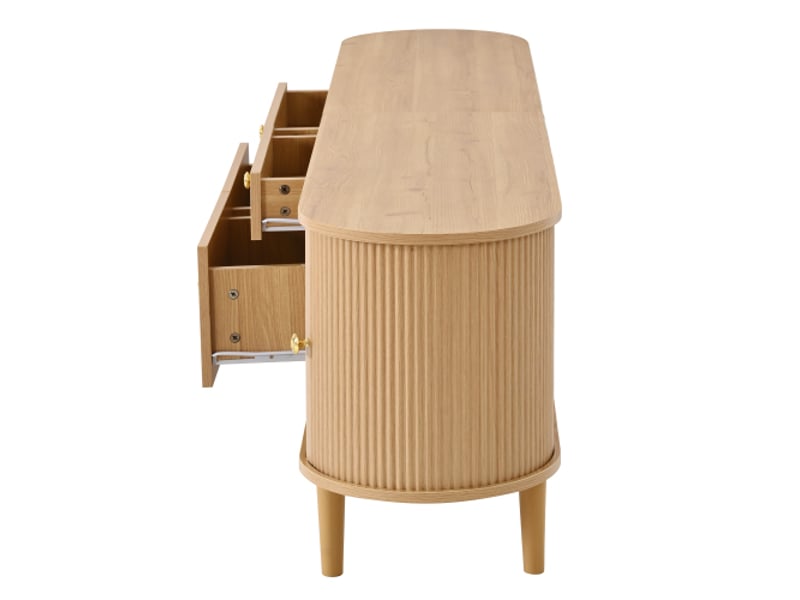  Meuble tv design arrondi, structure ondulée 3d, portes coulissantes, 4 tiroirs, pieds bois, poignées métal  - Conforama E