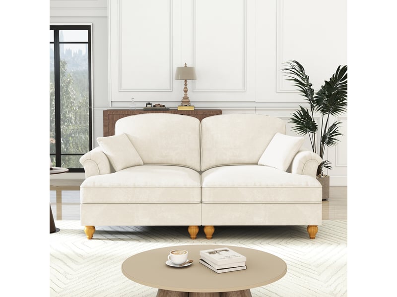 Canapé 2 places en chenille blanche, style médiéval moderne, avec accoudoirs évasés et jupe amovible - Conforama B
