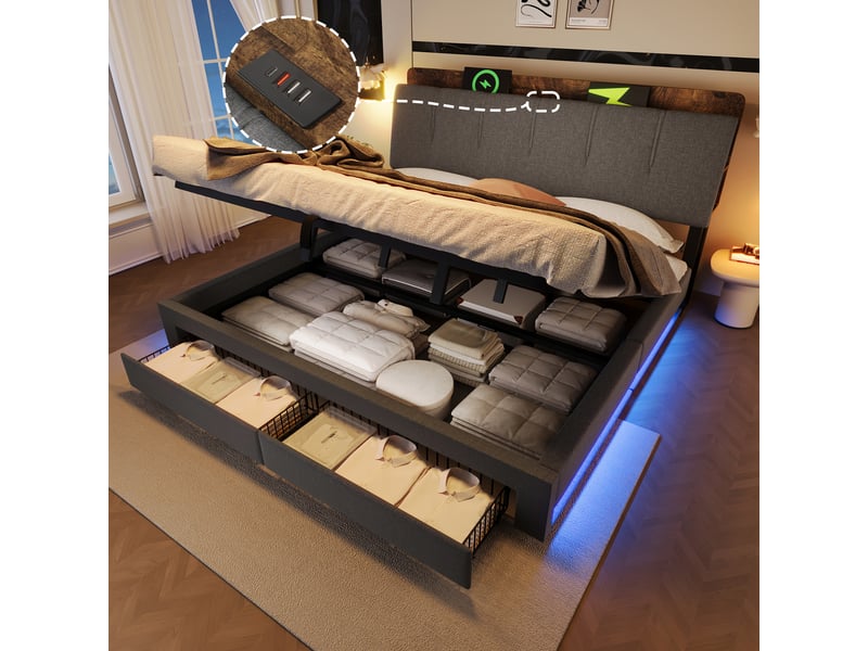 Lit coffre 180x200 cm, lit double, rangement hydraulique, led, usb et usb-c, lin gris  - Conforama D