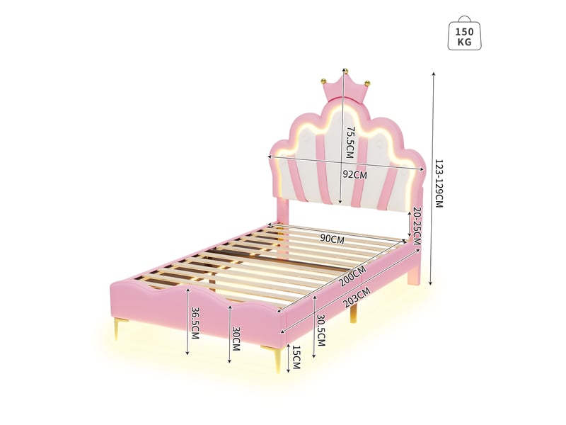 Lit enfant 90x200cm lit princesse en forme de couronne avec led - lit double avec sommier - pu - rose (sans matelas) - Conforama C