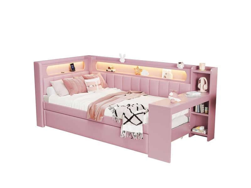  Lit gigogne 90 x 200 cm rembourré ports usb éclairage led bureau intégré rose  - Conforama E