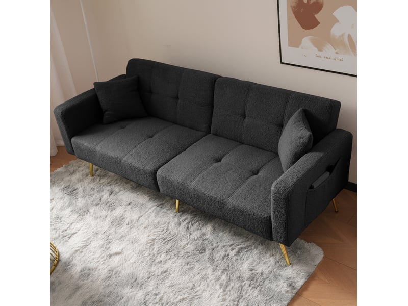  Canapé convertible ulevr 2 places à dossier réglable 105°-180°, poches latérales, tissu sherpa gris foncé, 175 x 64 x 72 cm  - Conforama E