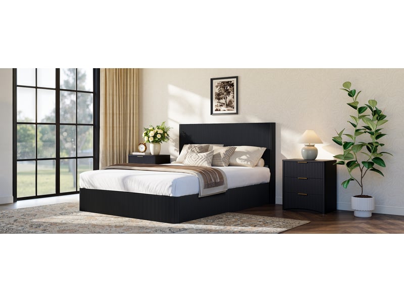  Lit coffre adulte 160x200 cm en mdf noir à relevage hydraulique et tête de lit rainurée  - Conforama W