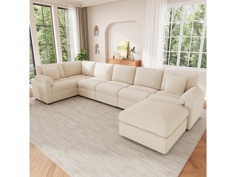 Canapé d’angle modulable 7 places 274,5x210,5x85,5 cm avec pouf et coussins, grand canapé salon en velours côtelé beige OPULERANE TRADING LTD - Conforama D