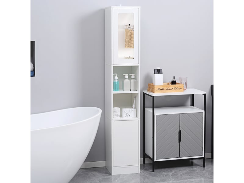  Armoire salle de bain haute, meuble de rangement colonne avec miroir, 2 portes, étagères réglables, 30x28x170cm, blanc  - Conforama B