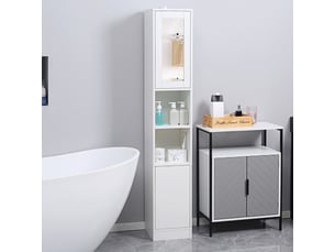 Armoire salle de bain haute, meuble de rangement colonne avec miroir, 2 portes, étagères réglables, 30x28x170cm, blanc