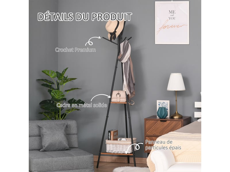  Porte-manteau trépied style industriel branches 2 étagères + 6 patères dim. 52l x 46l x 182h cm noir métal  - Conforama R