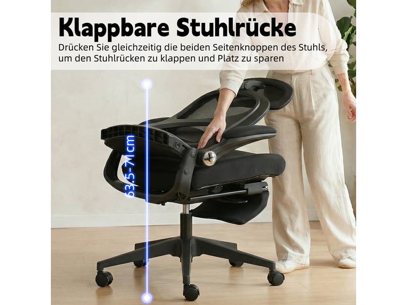 Chaise de bureau ergonomique pliable noire, fauteuil de bureau avec repose-pieds intégré & appui-tête 3d, pour télétravail - Conforama D