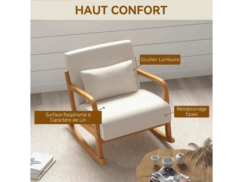  Fauteuil à bascule rembourré avec accoudoirs, fauteuil relax pour chambre et salon, structure en bois, blanc crème, 64,5x92x81,5 cm  - Conforama R