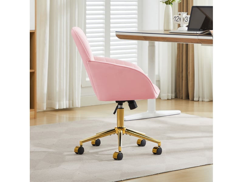  Chaise de bureau pivotante rose en velours, hauteur réglable de 50 à 59 cm, conçue pour le travail à domicile  - Conforama D