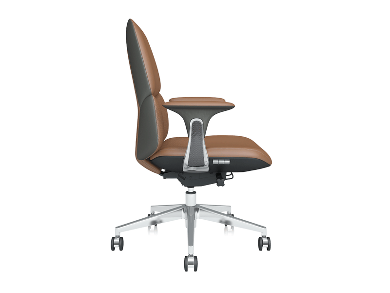  Chaise de bureau en cuir marron avec vérin pneumatique et inclinaison verrouillable, format mi-dossier confortable  - Conforama D