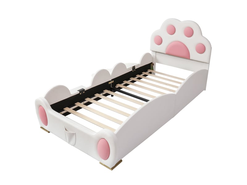  Lit capitonné, lit simple, lit enfant, tête de lit en forme de patte de chat, avec toboggan et échelle à deux marches, revêtement en polyuréthane, blanc et rose, 90 x 200 cm  - Conforama E