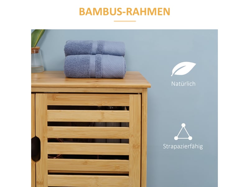  Meuble de salle de bain en bambou avec 2 portes à lattes et 2 étagères intérieures, 68 x 32 x 86 cm, naturel  - Conforama E